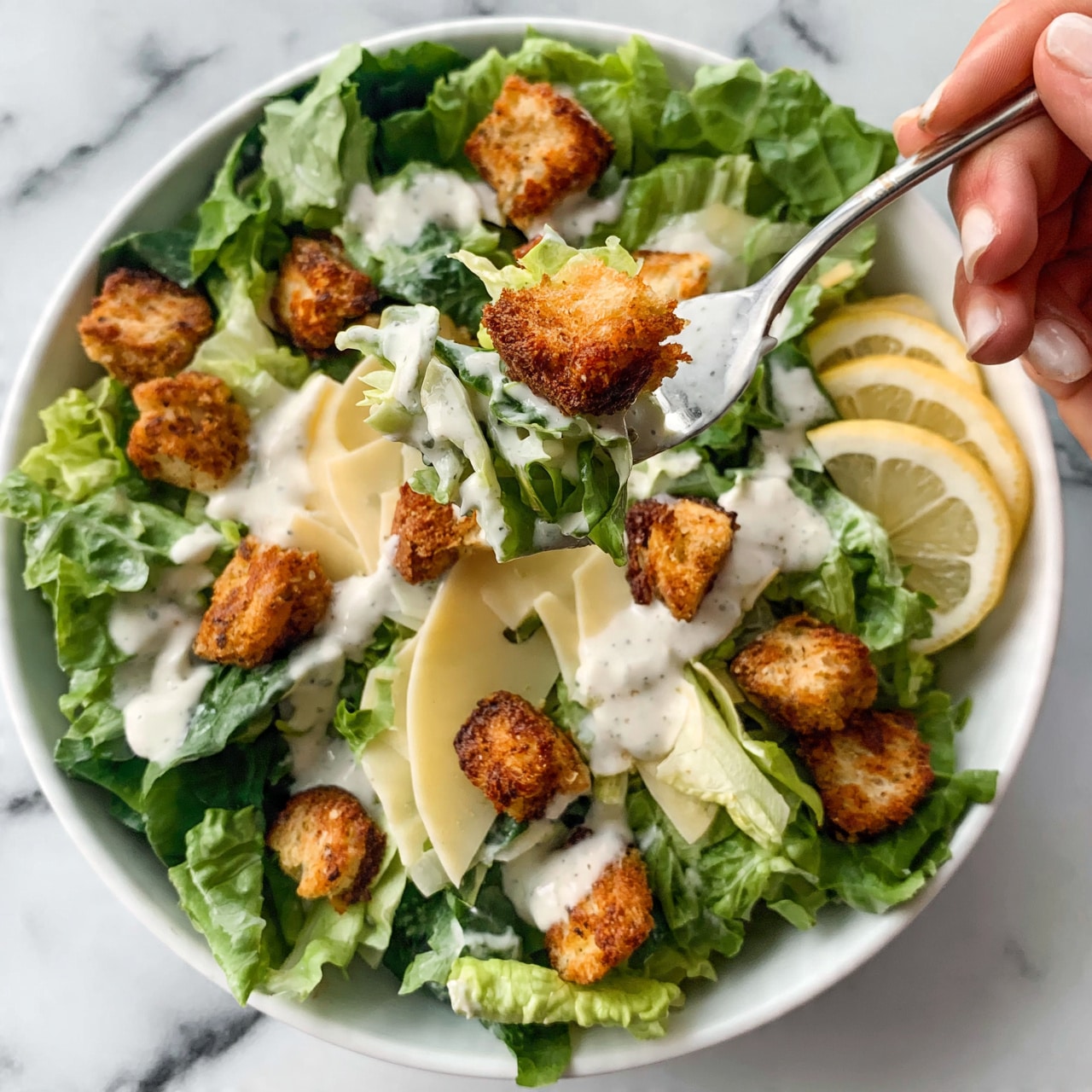 square image The image shows a white bowl filled with fresh green lettuce leaves as the first layer. On top, there are golden brown croutons scattered around, adding texture. Thin slices of pale yellow cheese are placed over the salad. Creamy white dressing is drizzled unevenly across the top layer. A few thin lemon slices with a light yellow color rest on the side. A woman's hand holding a fork lifts a mix of lettuce, crouton, and dressing from the bowl. The bowl is set on a white marbled surface. Photo taken with an iphone --ar 4:5 --v 7
