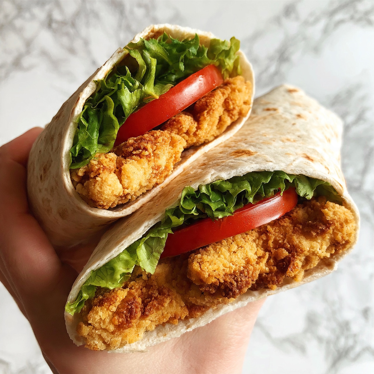square image Two wraps are held by a woman's hand against a white marbled background. Each wrap has three visible layers inside: the bottom layer is crispy golden-brown fried chicken, topped with bright red tomato slices, followed by fresh, green leafy lettuce on top. The wraps are soft, light beige tortillas that are tightly wrapped around the filling, showing some slight toasted spots. The layers are clearly visible from the top opening of each wrap. photo taken with an iphone --ar 4:5 --v 7