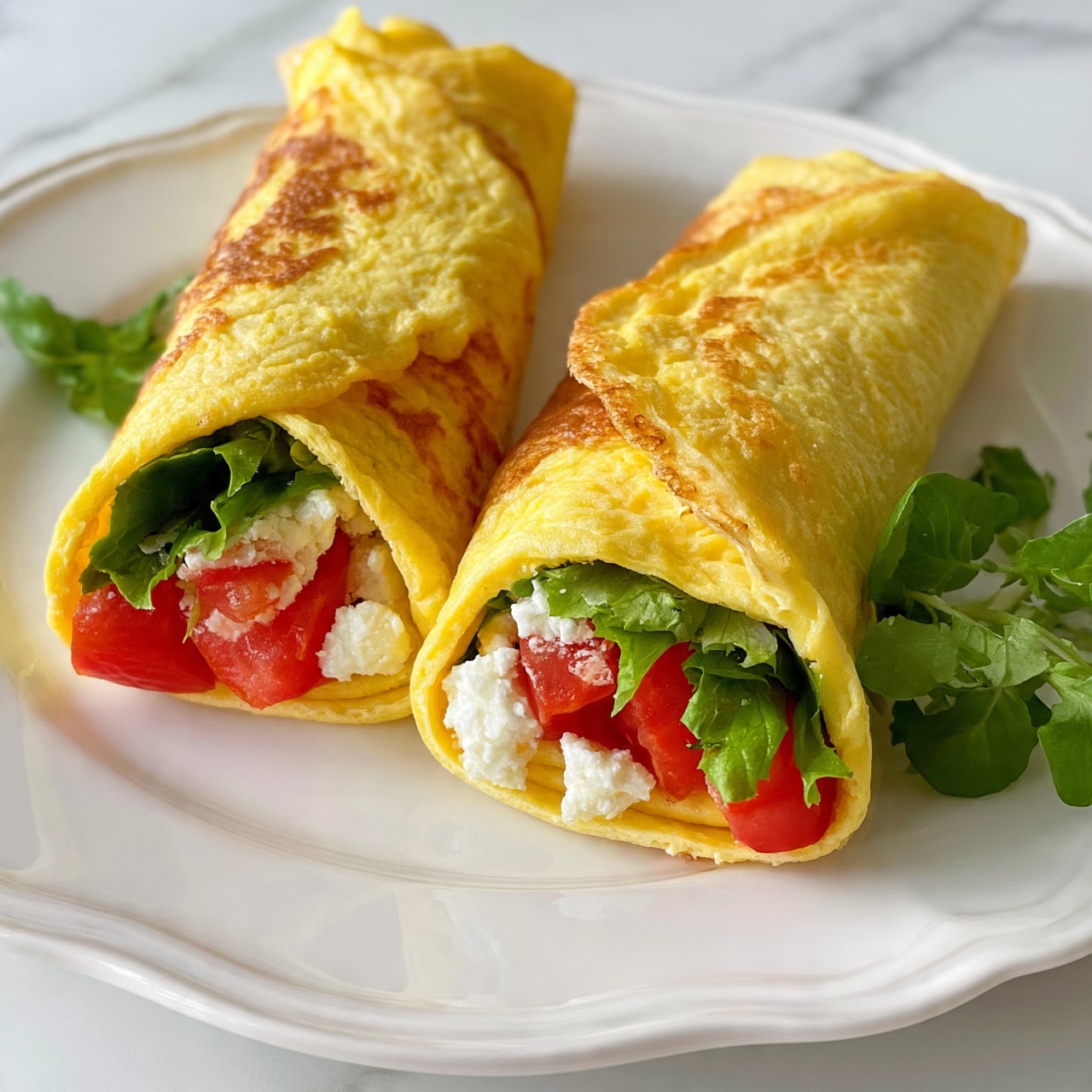 square image Two rolled wraps are placed side by side on a white plate with a subtle scalloped edge. Each wrap has a yellow, soft omelette-like outer layer that is slightly browned in places. Inside, there are three visible layers: fresh green leafy lettuce, bright red tomato chunks, and crumbled white cheese. A small side of fresh green leaves is placed next to the wraps. The background surface is white marble. Photo taken with an iphone --ar 4:5 --v 7