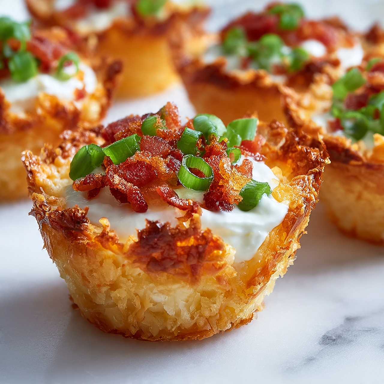 square image The image shows several small golden cups made from crispy baked cheese, each filled with three visible layers: a base crisp cheese shell with rough edges, a middle layer of white creamy sour cream, and a topping of small pieces of crispy red-brown bacon and bright green chopped spring onions scattered on top. The cheese cups sit directly on a white marbled surface, with the textures and colors of each layer very clear and vibrant, showing the contrast between the golden crunchy cheese, smooth white cream, and colorful toppings. Photo taken with an iphone --ar 4:5 --v 7