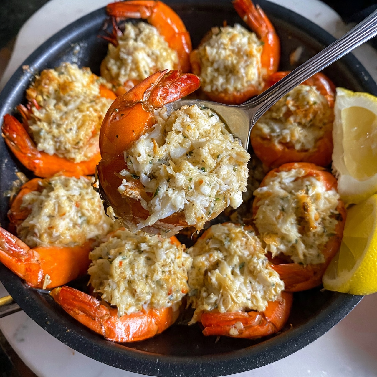 square image The dish shows a round black pan filled with orange shrimp arranged in a circle, each shrimp topped with a thick layer of creamy, white and light brown crab stuffing mixed with small green herbs. The shrimp are bright with a soft orange color and their tails are curved upwards, showing a slight shine from cooking. One silver spoon lifts a stuffed shrimp, revealing the chunky, moist texture of the crab mix inside. On the right side, a half lemon wedge with a bright yellow rind and pale yellow inside rests against the pan. The background is a white marbled texture. photo taken with an iphone --ar 4:5 --v 7