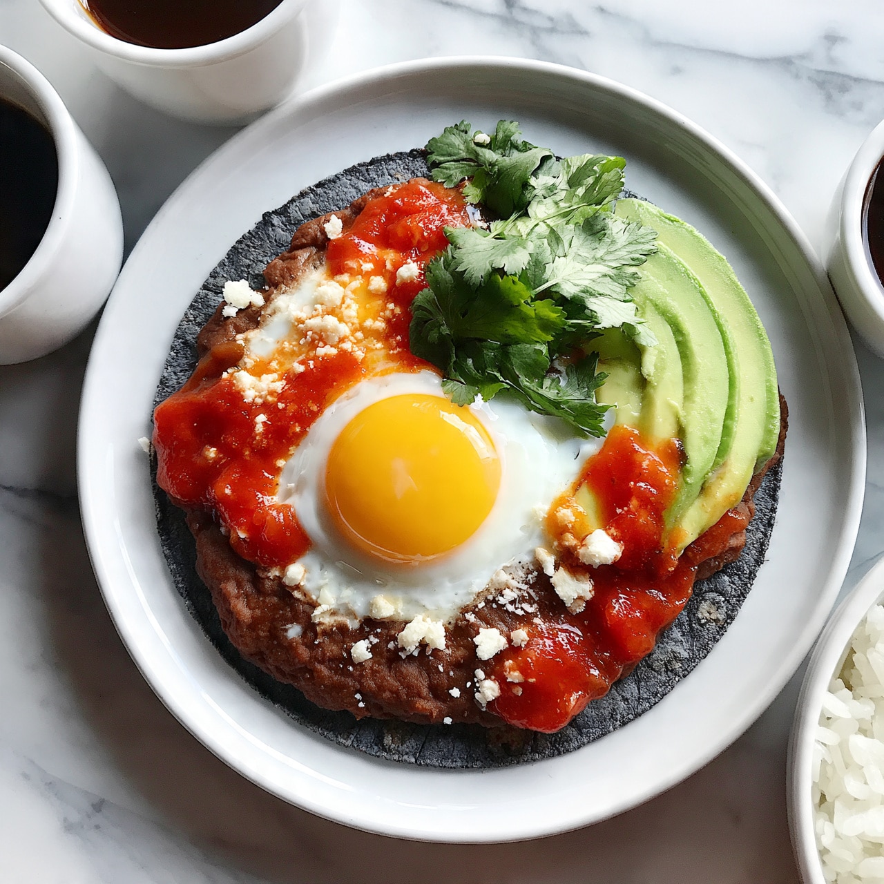 square image A white plate holds one layered dish starting with a dark blue corn tortilla as the base. On top, there is a layer of smooth brown refried beans spread evenly. Over the beans, there is a sunny-side-up egg with a bright yellow yolk and white edges slightly set. Beside the egg, slices of fresh avocado add a light green curved layer. Bright red salsa is drizzled over the beans, and small white crumbles of cheese are sprinkled across the dish. Fresh green cilantro leaves are scattered on top, adding a touch of brightness. The plate sits on a white marbled surface surrounded by white cups filled with dark coffee and a bowl of white rice. photo taken with an iphone --ar 4:5 --v 7