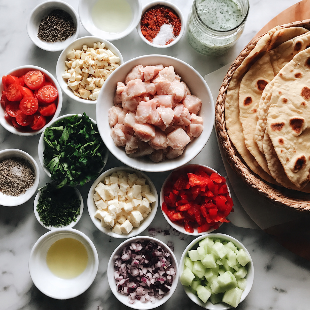 square image The image shows a white marbled surface with several small white bowls and a woven basket holding flatbreads. In the center, a white bowl holds raw diced chicken pieces that are light pink. Around it, there are bowls with various ingredients: bright red halved cherry tomatoes in one, small chopped garlic cloves in another, fresh green parsley leaves next to the chicken, diced white cheese, finely chopped dark red onions, small chopped red bell peppers, and diced light green cucumber. Small bowls hold different spices including black pepper, salt, paprika, and green herbs. There are also two small white bowls with liquids, likely oil and lemon juice, and a jar with a green herb yogurt sauce. The flatbreads in the woven basket are light tan with some brown spots, stacked in layers. A wooden board is partially visible under the basket. The overall look is clean and organized, showing fresh ingredients ready to cook. Photo taken with an iphone --ar 4:5 --v 7