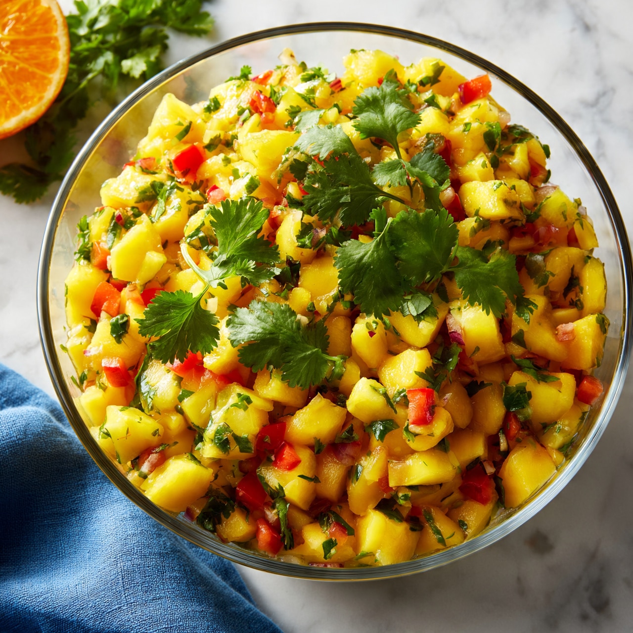 square image A clear glass bowl filled with vibrant, diced yellow mango pieces mixed with small red bell pepper cubes, finely chopped green herbs, and hints of red onion, all evenly combined. The salsa looks fresh and juicy with bright green cilantro leaves scattered on top for garnish. The bowl sits on a white marbled surface next to a cut orange half and some fresh cilantro. A blue cloth napkin is placed nearby, adding a soft texture to the composition. Photo taken with an iphone --ar 4:5 --v 7