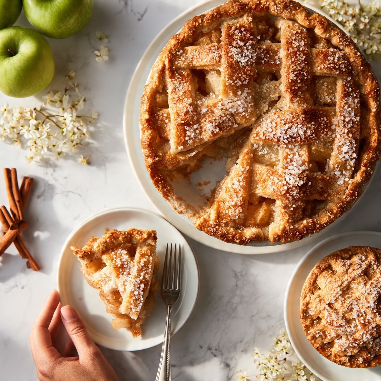 square image A round apple pie with a golden-brown lattice crust topped with sugar crystals sits on a white plate on a white marbled surface. The pie has several strips of crust woven in a grid pattern, showing the apple filling inside with warm, light brown tones. A slice is cut and placed on a small white plate beside the pie, showing a crispy crust and tender apple pieces inside. Near the pie, there is a smaller apple pie with a similar lattice crust in a white plate. Around the pies, there are green apples, cinnamon sticks, and small white flowers adding texture and color. A woman's hand holds a fork next to the slice on the small plate. The scene is well lit with soft natural light. photo taken with an iphone --ar 4:5 --v 7