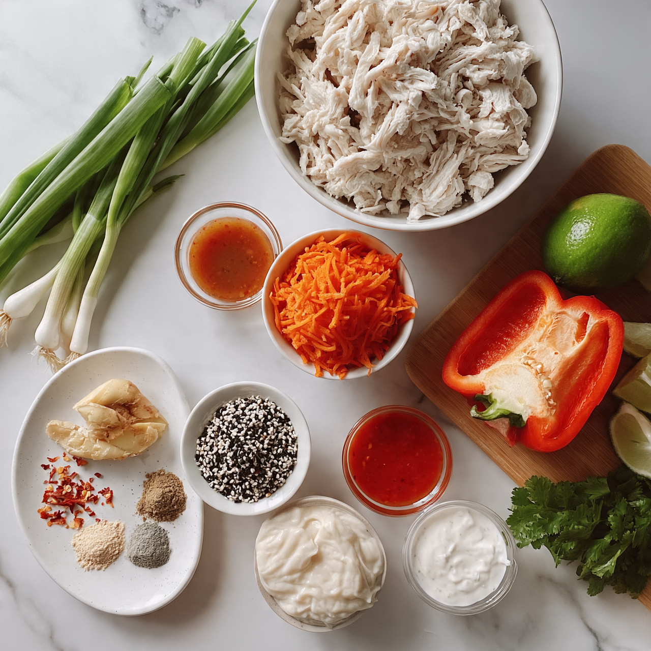 square image The image shows many ingredients neatly placed on a white marbled surface. On the top right, there is a large white bowl filled with shredded white meat. Below it, there is a small white bowl with shredded orange carrots, next to a small clear bowl with a reddish sauce. Green onions with white bulbs are on the far left side of the image. On the bottom left, there is a white plate with pieces of fresh ginger and small red flakes, along with three powders of different colors. Next to it is a small white bowl with black and white seeds, and another small bowl with a thick, creamy white sauce. To the right of these bowls, there is a smaller clear bowl with a red sauce and another with a white creamy sauce. A wooden board on the right holds a halved red bell pepper, a whole green lime, lime wedges, and some fresh green cilantro leaves near the board. Photo taken with an iphone --ar 4:5 --v 7
