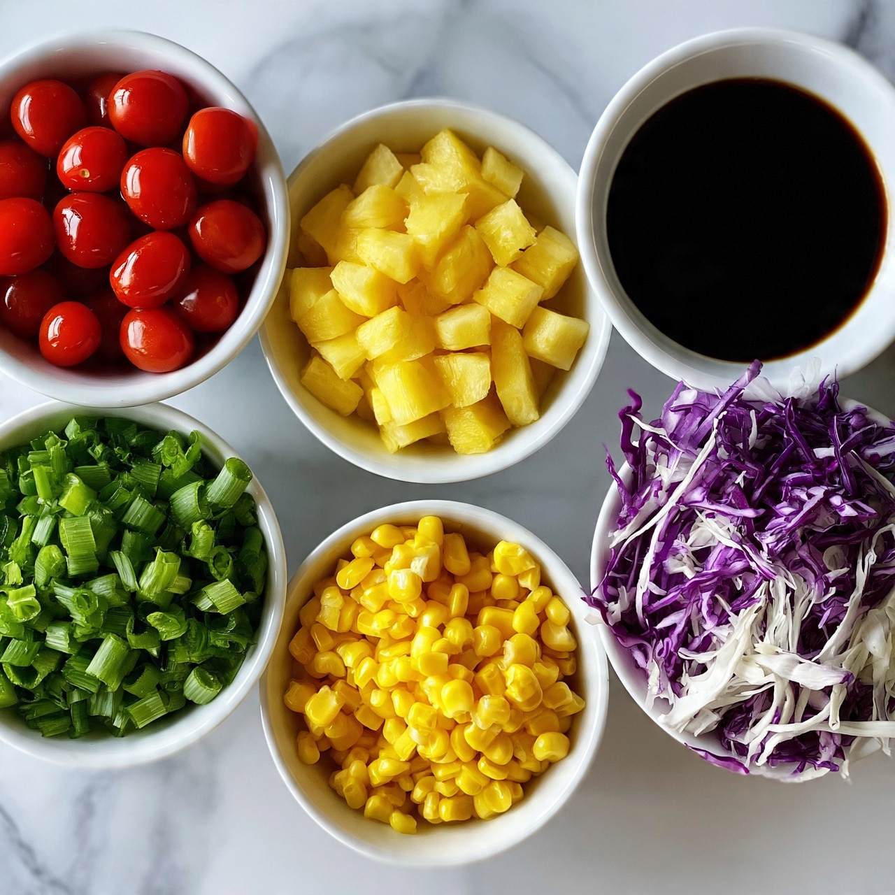 square image Six white bowls are arranged on a white marbled surface. The top left bowl holds small red cherry tomatoes, shiny and round. Next to it, a bowl with yellow diced pineapple pieces. To the right, a bowl contains dark soy sauce with a smooth surface. Below the sauce, a bowl is filled with thinly shredded purple cabbage showing both purple and white colors. On the bottom left, a bowl with chopped green onions, vibrant and fresh. In the center bottom, a bowl full of bright yellow corn kernels. photo taken with an iphone --ar 4:5 --v 7