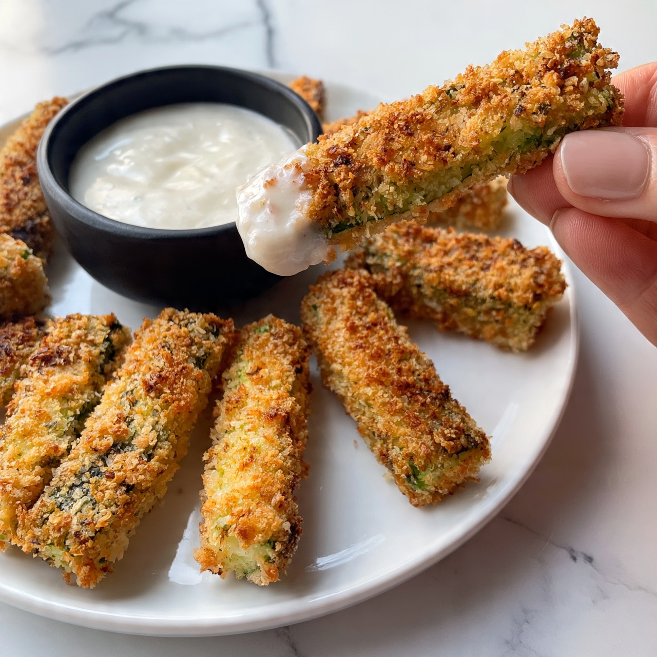 square image The image shows several breaded, crispy vegetable sticks arranged around a small black bowl filled with a creamy white dipping sauce. One vegetable stick is dipped halfway into the sauce, held by a woman's hand, showing its crunchy golden-brown coating with visible green bits inside. All the food is placed on a shiny white plate set on a white marbled surface, creating a clean and simple look. The texture of the breading is rough and crumbly, while the sauce looks smooth and thick. photo taken with an iphone --ar 4:5 --v 7