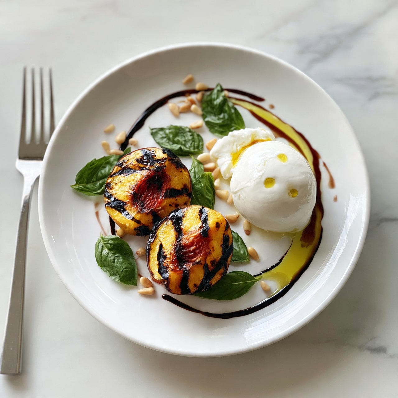 square image This dish shows two halves of grilled peaches with visible dark grill marks on top, laying on a white round plate with scattered fresh green basil leaves and light brown pine nuts around them. Next to the peaches is a soft, creamy white burrata cheese with a smooth texture and a few drops of olive oil on its surface. There is a swirl of golden olive oil and some dark balsamic reduction drizzled artistically on the plate, which rests on a white marbled surface. A silver fork is placed to the left side of the plate. photo taken with an iphone --ar 4:5 --v 7