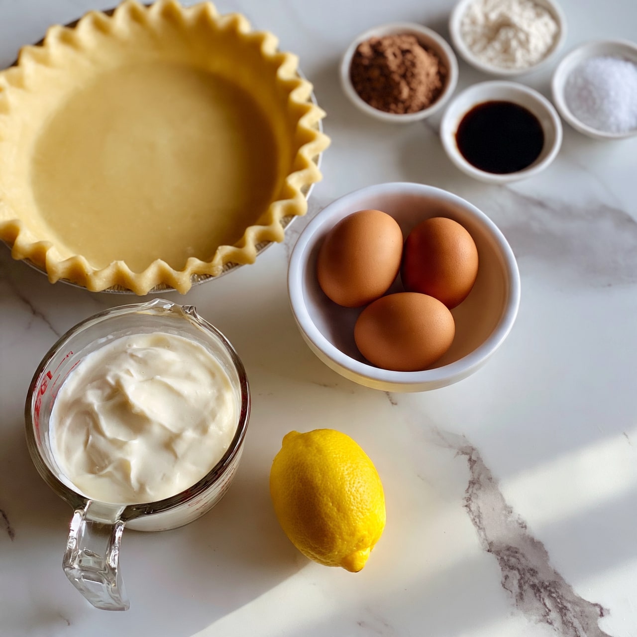 Golden Greek Honey Pie Recipe 4 square image A white marbled surface holding ingredients neatly arranged for baking. There is an empty pie crust with crimped edges on the upper left. A glass measuring cup filled with thick white cream is at the bottom left. A whole lemon sits near the center bottom. Nearby, a white bowl holds three brown eggs. On the top right, small white dishes contain brown powder, white powder, dark liquid, and fine white salt, all placed in an organized way. The image has a soft natural light and a clean look. photo taken with an iphone --ar 4:5 --v 7