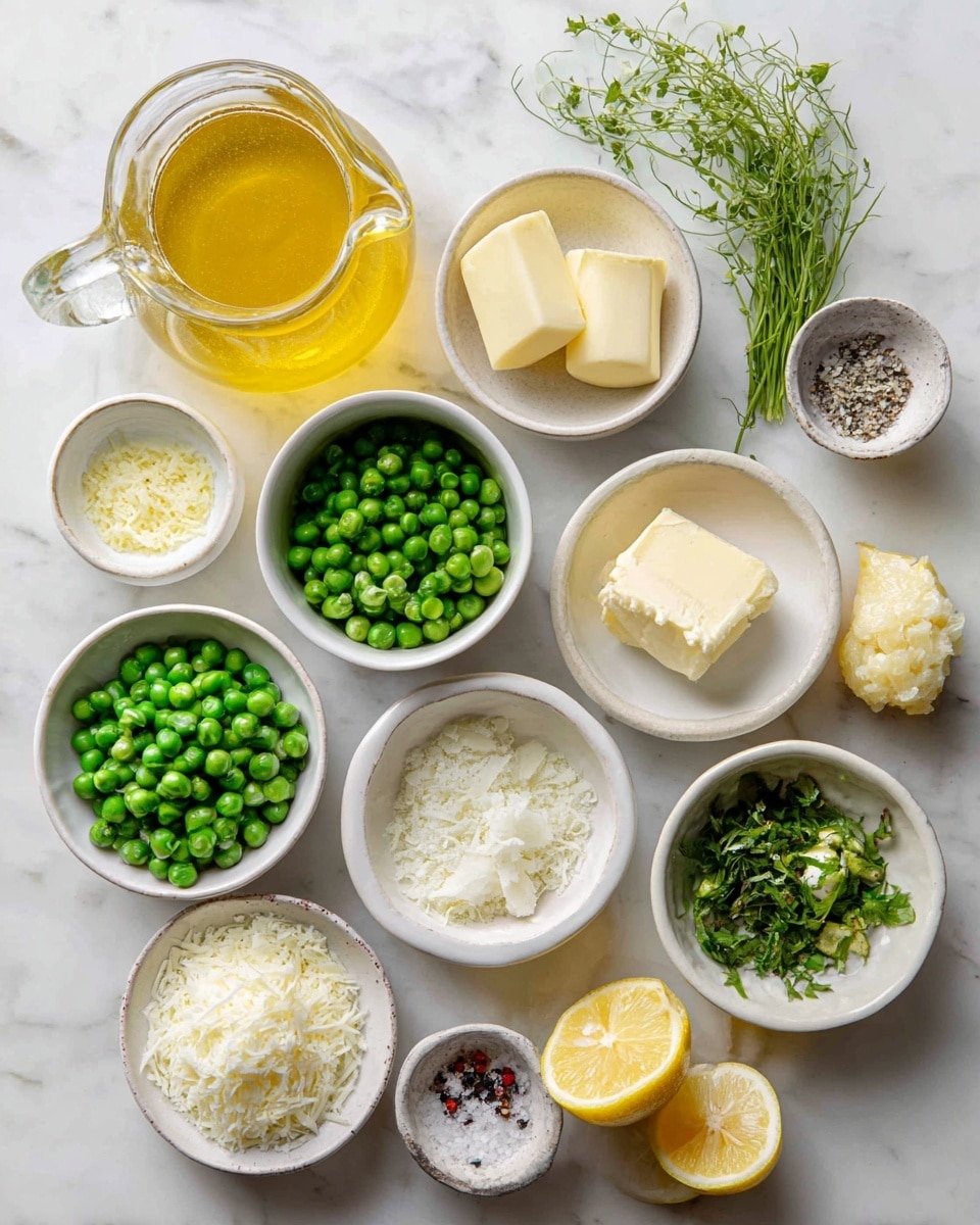 A top-down view of 14 small white bowls and one glass jug arranged on a white marbled surface. The jug on the left holds golden-yellow broth, surrounded by bowls of green peas, green herbs, pale yellow melted butter, small blocks of pale yellow butter, light beige grains, white creamy sauce, grated white cheese, white chopped onions, salt, pepper, and lemon halves. The colors range from bright green to soft yellow and white, with varying textures like creamy, granulated, and leafy. photo taken with an iphone --ar 4:5 --v 7
