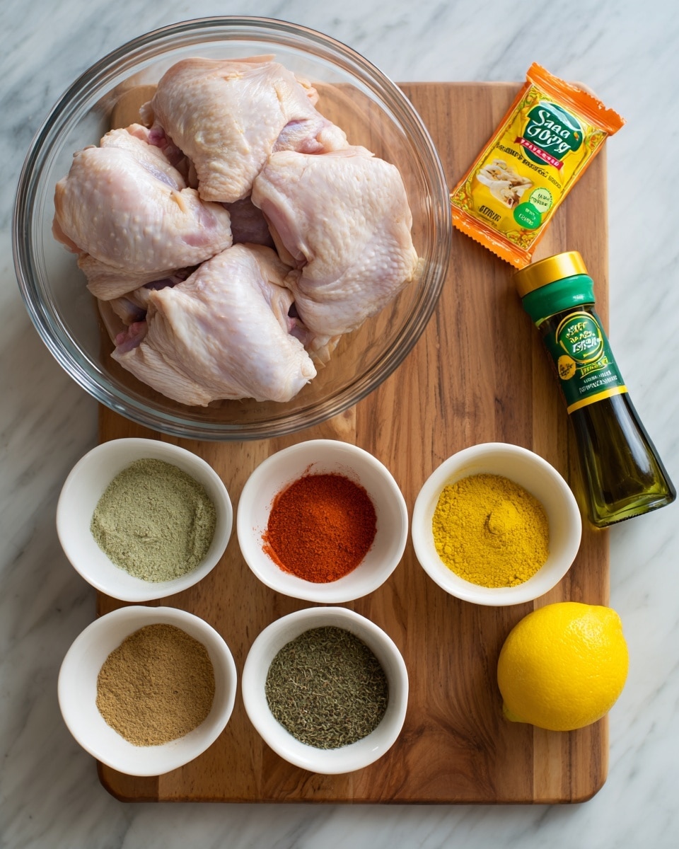 A clear glass bowl on the left holds three large raw chicken pieces with pale pink skin and visible texture. Above the bowl, eight small white bowls are arranged in two rows of four; each bowl contains a different powdered spice variety in colors ranging from light beige, greenish, dark gray, orange, yellow, bright red, to brown. To the right of the bowls, a fresh yellow lemon rests next to a small orange and green packet labeled