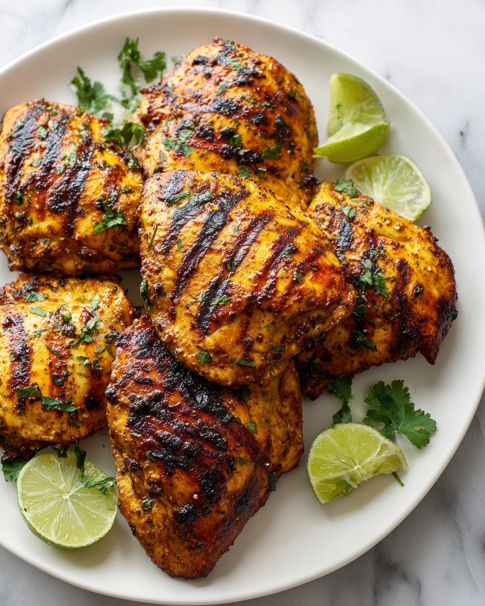 The image shows a white plate filled with five grilled chicken pieces that have a deep golden and slightly charred color with visible grill marks on each piece. The chicken has a textured, rough surface with some dark spots from grilling. Around the chicken, fresh green herbs and sliced light green lime wedges are placed as garnish, softly contrasting the warm colors of the chicken. The plate sits on a white marbled surface. Photo taken with an iphone --ar 4:5 --v 7