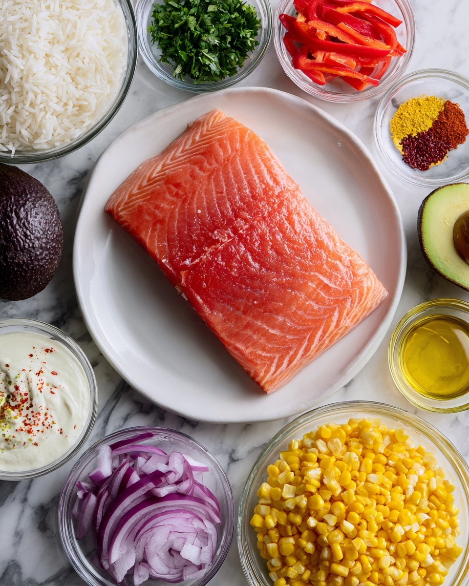 A large piece of fresh, pink salmon fillet is placed on a white plate in the center. Surrounding it on a white marbled surface are small clear glass bowls holding different ingredients: white rice with a fluffy texture, bright yellow corn kernels, thin red bell pepper strips, thin purple onion slices, green chopped herbs, a dollop of white thick cream, another bowl of a smoother white creamy sauce, bright red sauce, golden honey-like liquid, light yellow oil, lemon or lime juice, light brown spice powder, minced garlic, green lime zest, red chili flakes, and a whole avocado with dark green rough skin. photo taken with an iphone --ar 4:5 --v 7