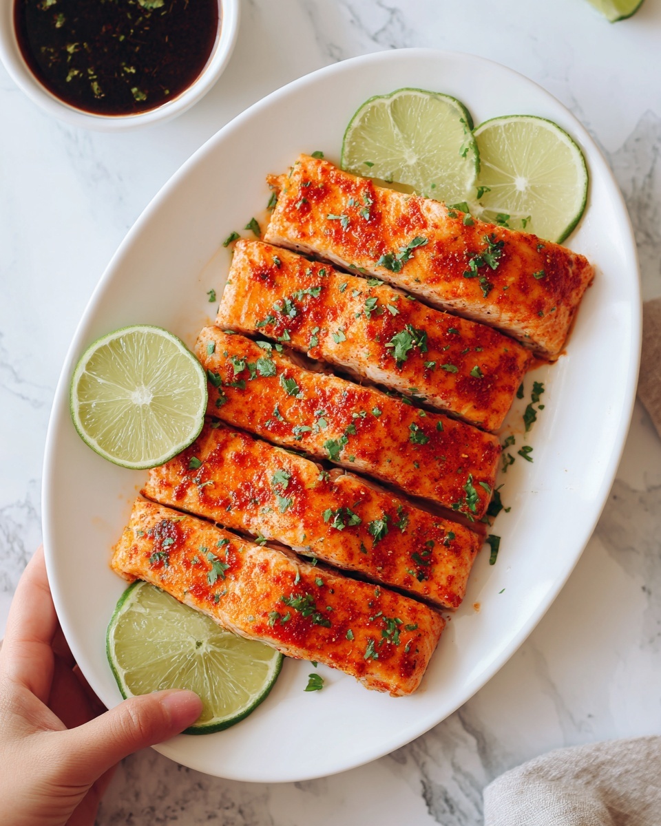 The image shows a white oval plate on a white marbled surface. On the plate, there are four pieces of cooked salmon fillets arranged side by side. Each salmon piece is covered with a bright orange-red seasoning, giving a slightly crispy texture. Small green herb sprinkles are spread over the salmon, adding color contrast. Two lime wedges are placed on top of the salmon, and two more lime slices are positioned at the front side of the plate. A woman's hand is holding one lime slice near the bottom left corner of the image. In the background to the left, there is a small white bowl with a dark sauce or dip that is out of focus. Photo taken with an iphone --ar 4:5 --v 7