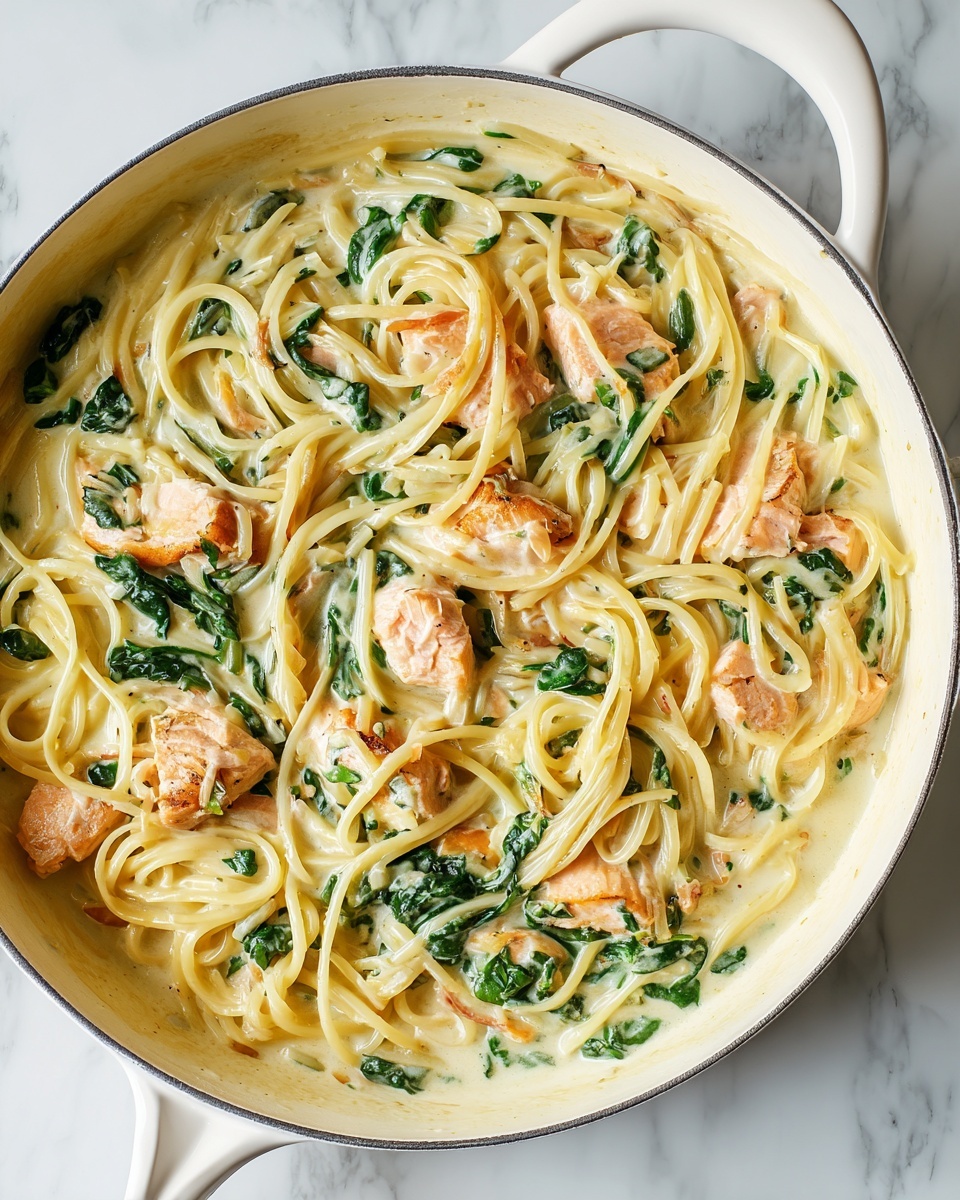 The image shows a white pan filled with creamy pasta. The pasta is light yellow, with long, round noodles spread throughout the pan. Pieces of cooked salmon, pink and slightly browned on the edges, sit on top and mixed into the pasta. There are dark green spinach leaves scattered evenly around the dish, adding color contrast. The creamy sauce is pale, coating the noodles and ingredients, making the dish look rich and smooth. The pan rests on a white marbled surface. photo taken with an iphone --ar 4:5 --v 7