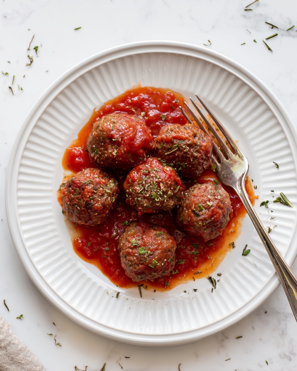 On a white round plate with a ridged edge, six medium-sized brown meatballs are arranged in a loose cluster, all covered with a shiny, thick red tomato sauce with visible small chunks and herbs. The sauce pools slightly around the meatballs, spreading unevenly across the plate's surface. The meatballs have a coarse texture with darker spots from the cooking. A silver fork lies to the right side of the plate, partially resting on the sauce with some sauce splashed on its tines and handle. The plate sits on a white marbled surface with a few scattered dried herbs around its edge. photo taken with an iphone --ar 4:5 --v 7