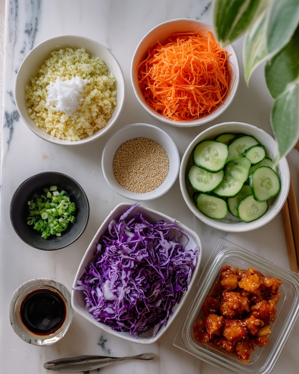 This image shows six white bowls and two packaged trays arranged on a white marbled surface. The top left bowl holds two layers: the bottom layer is light yellow, grainy cooked cauliflower rice, with a small mound of white crumbled cheese on top. The top right bowl contains bright orange shredded carrots, filling the bowl fully with thin strips. Below that, a bowl is filled with thin green slices of cucumber stacked neatly. Next to the cucumber is a white bowl filled with bright purple shredded cabbage with shiny texture. Near the center is a small black dish with round, light brown sesame seeds in a single layer. To the left is a small white bowl filled with chopped green onions. On the bottom left is a small white bowl with dark soy sauce sauce, with a small silver spoon resting inside. In front are two packages of seasoned Korean BBQ diced chicken thighs in rectangular clear plastic trays. The edge of a green plant's vine and leaves enter the top right corner of the photo. photo taken with an iphone --ar 4:5 --v 7