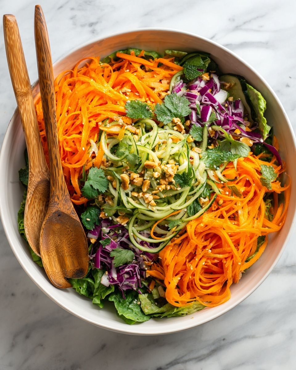 The dish is a large white bowl filled with a colorful, fresh salad. It has multiple layers: the base is green lettuce leaves, topped with shredded carrots in bright orange, thinly sliced cucumber ribbons in light green, and a mix of small purple and white onion pieces sprinkled throughout. Fresh green herbs and leafy greens add a wild, natural touch on top, scattered with seeds or nuts that give a crunchy texture. Two wooden utensils rest on the side inside the bowl, ready for serving. The bowl sits on a white marbled surface. photo taken with an iphone --ar 4:5 --v 7