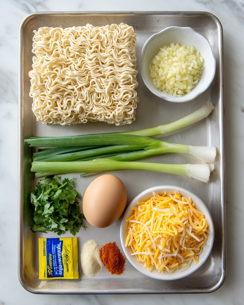 A metal tray on a white marbled surface holds multiple ingredients arranged neatly: on the top left, a block of uncooked instant noodles with a pale beige color and wavy texture; to its right, a small white bowl filled with light yellow dry minced garlic; below that, two green onions with white bulbs and green stalks laying horizontally; next to the onions, a small pile of bright green cilantro with leafy texture; below the cilantro, a single brown egg; to the right of the green onions, a white bowl filled with shredded yellow and white cheese; next to it, a bright yellow and blue spice packet; and small piles of red and pale yellow powders near the package. The entire setting is seen from above. Photo taken with an iphone --ar 4:5 --v 7