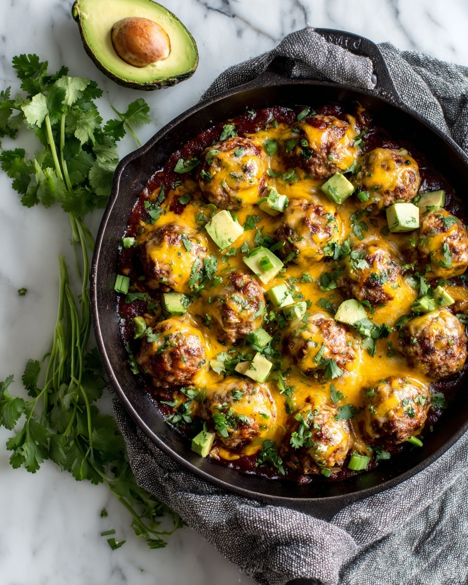 A black cast iron pan with a wrapped gray cloth around the handle sits on a white marbled surface, filled with about 15 round golden-brown meatballs with melted yellow cheese on top. The meatballs rest on a dark red sauce base with scattered pieces of diced green avocado and small light green onion rings. Fresh green cilantro leaves are placed on top of the meatballs and around the dish. A halved avocado and extra sprigs of cilantro are placed beside the pan on the white marbled surface. Photo taken with an iphone --ar 4:5 --v 7