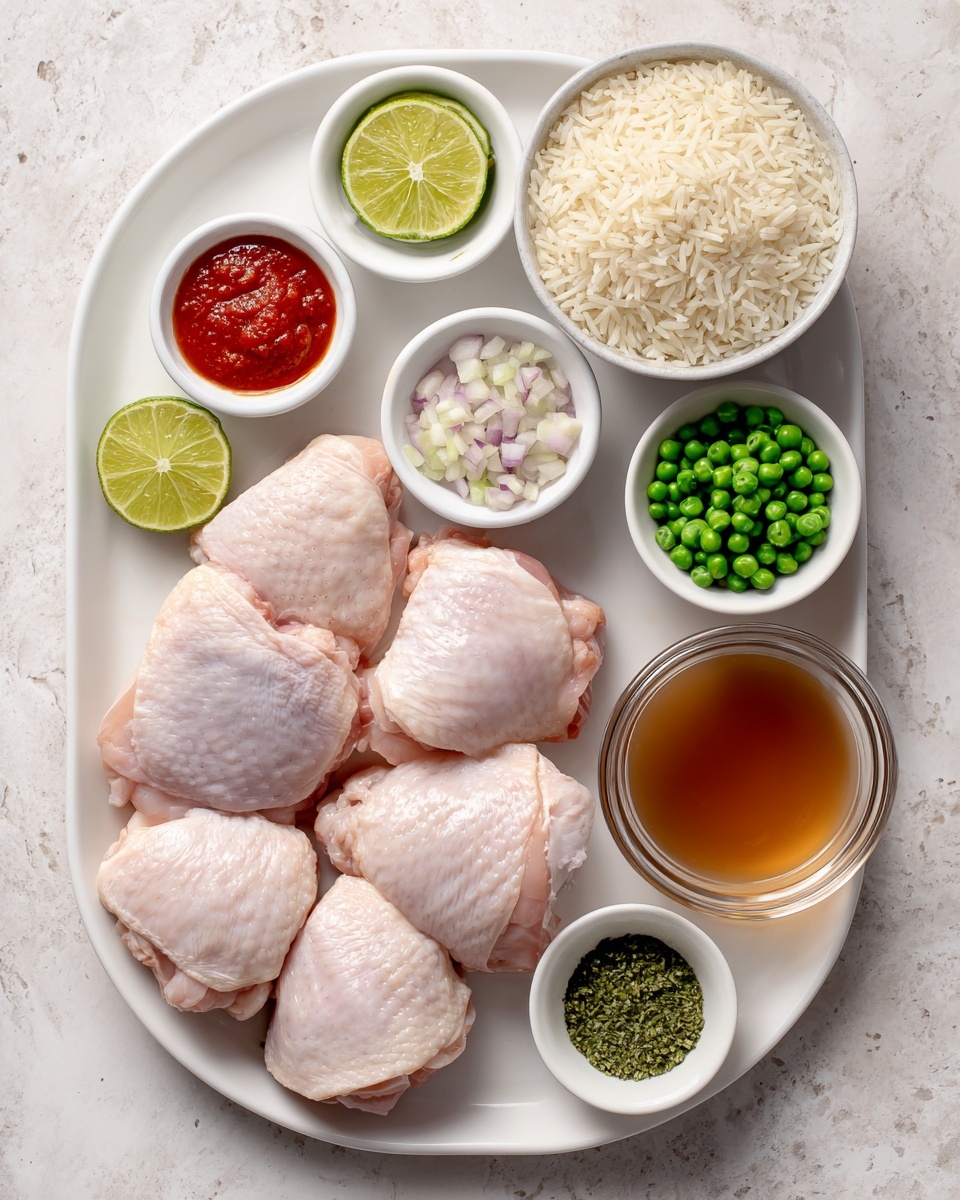The image shows a white oval plate with five raw chicken thighs in the lower left corner, surrounded by small white bowls and one clear glass cup on a white marbled surface. The small bowls contain different ingredients: chopped onions, chopped tomatoes, green peas, chopped green herbs, olive oil, tomato paste, and a mix of spices. The clear cup in the lower right corner holds light brown chicken broth. In the center, there is a larger white bowl filled with uncooked rice. Two lime halves are placed in the upper center area. The composition is neat, with all ingredients clearly visible. Photo taken with an iphone --ar 4:5 --v 7