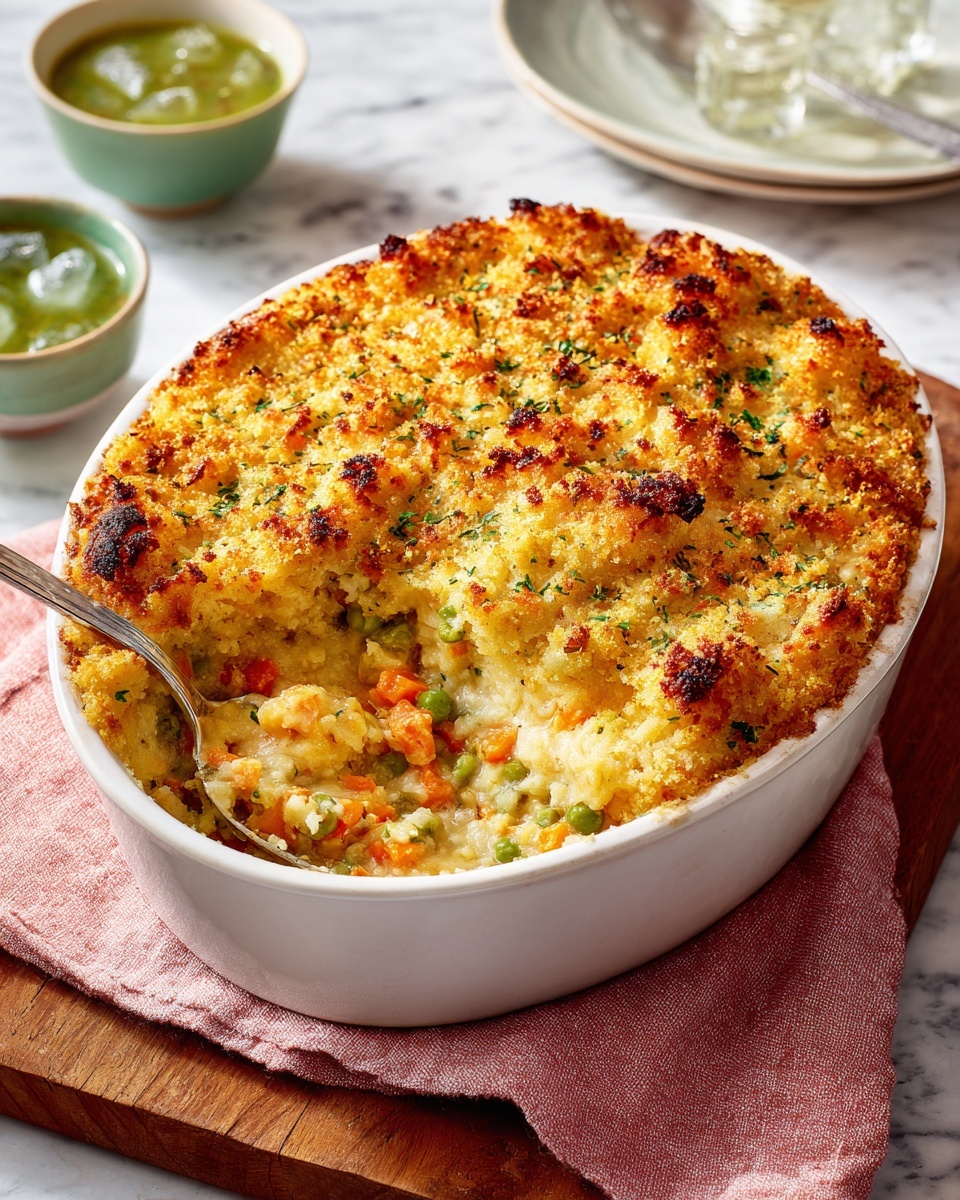 A white oval baking dish filled with a golden-brown baked casserole with a crispy top layer, dotted with bits of green peas and small chunks of orange carrots mixed into a creamy, textured base underneath. A spoon rests inside the dish, scooping out some of the casserole to reveal a soft, mixed interior. The dish is placed on a pink and white cloth atop a wooden table. Nearby, there is a green cup filled with a green sauce and a glass with a drink and ice cubes. The surface background is white marbled texture. Photo taken with an iphone --ar 4:5 --v 7