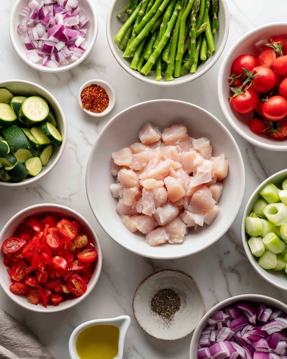 The image shows several white bowls arranged on a white marbled surface, each filled with different fresh ingredients. The largest bowl in the center holds small, light pink chunks of raw chicken. Surrounding it are smaller bowls containing bright green asparagus, sliced green zucchini, chopped red bell peppers, chopped purple onions, halved cherry tomatoes, and minced garlic. There are also bowls with red spices and a small white dish with black pepper. A small white cup of olive oil is placed near the bottom center of the image. A woman's hand is reaching toward one of the bowls. The colors are fresh and vibrant, and the image has a clean, organized layout. photo taken with an iphone --ar 4:5 --v 7