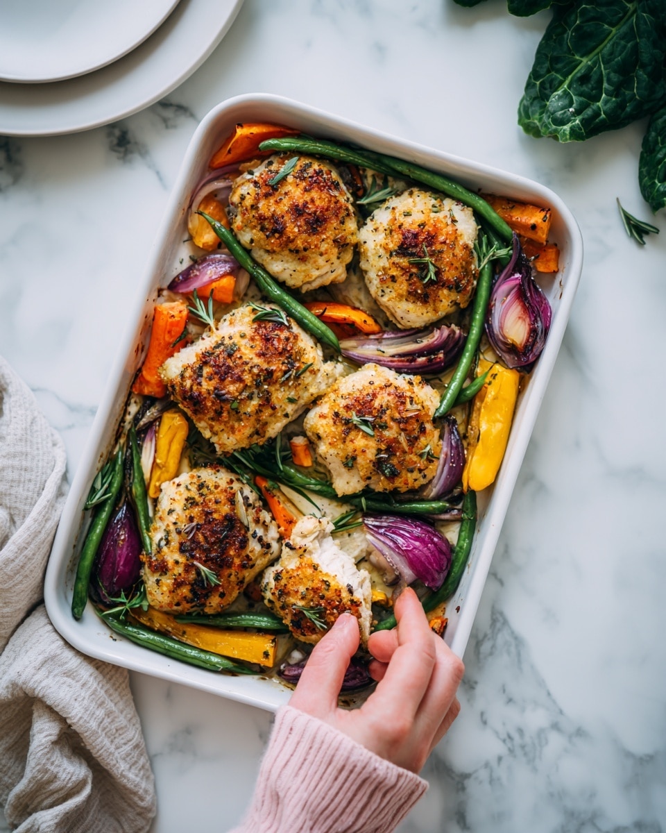 A white rectangular tray holds four pieces of golden-brown cooked chicken placed on a bed of colorful roasted vegetables including green beans, orange carrot sticks, red onion slices, and yellow bell pepper pieces. A woman's hand with a light pink sleeve is seen reaching towards one piece of chicken at the bottom right corner of the tray. The tray is set on a white marbled surface with a white plate and a green leafy vegetable partially visible in the top right and top left corners. The overall scene shows a bright, fresh, and healthy meal. photo taken with an iphone --ar 4:5 --v 7