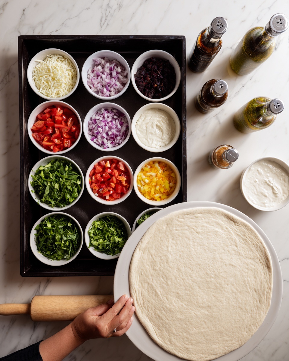 The image shows a black tray filled with multiple white bowls containing various colorful ingredients arranged neatly. There are bright red diced tomatoes, fresh green leafy vegetables, finely chopped purple onions, yellow diced peppers, and white sauce in separate bowls. Next to the tray, there is a large round white plate holding a smooth, pale pizza dough evenly spread out. On the top right corner, there are three bottles of salad dressing standing side by side. The whole setup is placed on a white marbled surface, and a woman's hand is holding a wooden rolling pin touching the pizza dough. Photo taken with an iphone --ar 4:5 --v 7