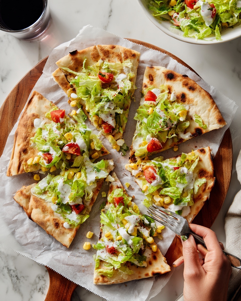 The image shows six pieces of flatbread topped with layers of bright green lettuce, creamy white sauce, small cubes of yellow corn, and chunks of red tomato. The flatbread is thin and light beige with a slightly crispy texture. Two pieces have a silver fork piercing them, with a woman's hand holding one fork. The flatbreads lie on white parchment paper on a wooden board. In the background, a white bowl with green salad and a dark drink glass are on a white marbled surface. photo taken with an iphone --ar 4:5 --v 7