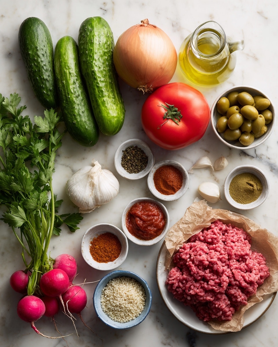 A white marbled surface holds various fresh ingredients arranged neatly, including three medium green cucumbers placed diagonally, two red roma tomatoes near the center, and a large light brown onion next to a green bell pepper. There are three garlic cloves close to a clear glass bottle filled with olive oil. Nearby, a pile of raw ground beef rests on crumpled brown paper. Small white and blue bowls contain different spices and sauces, such as green olives, a red paste, and several types of powdery spices in shades of red, brown, and orange. On the left side, a bunch of fresh cilantro sits next to pink radishes connected by stems, and a bowl filled with cooked bulgur wheat is also visible. The scene is bright and well-organized, showing a mix of colors and textures. Photo taken with an iphone --ar 4:5 --v 7