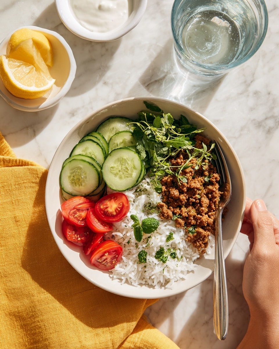 A white bowl filled with layers of food sits on a white marbled surface. The bottom layer is white rice, fluffy and spread evenly across the bowl. On one side, there is a layer of seasoned ground meat, brown and crumbly with small pieces of herbs. Next to it, thin slices of cucumber show a light green color with a smooth texture. Bright red cherry tomatoes, halved, are placed beside the cucumber, giving a fresh look. A few small green herbs are sprinkled over the tomatoes, adding a touch of brightness. On another side of the bowl, there is a creamy white sauce with a thick texture. A clear glass of water and a small white bowl with lemon wedges are nearby, and the entire scene is softly lit to highlight the colors. The woman's hand, holding a fork, rests on the side near a yellow napkin. photo taken with an iphone --ar 4:5 --v 7