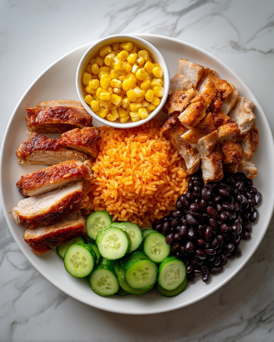 The image shows a white plate with four layers arranged neatly. At the bottom right, there are dark green sliced cucumbers. On the bottom left, there are four brown cooked chicken pieces with a slight reddish tint. Surrounding the plate, there are three small white bowls: one filled with bright yellow corn kernels on the left, one with orange-colored seasoned rice in the middle, and one with shiny black beans on the right. The whole setup is on a white marbled surface. A woman's hand is slightly visible near the edge of the plate. Photo taken with an iphone --ar 4:5 --v 7