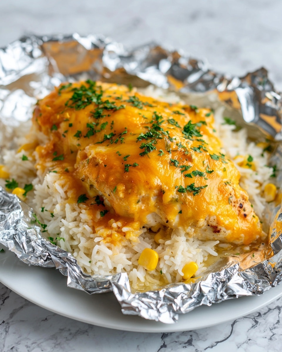The image shows a baked chicken piece covered with melted orange cheese, placed on a bed of white rice mixed with some corn and tiny green herbs sprinkled on top. This is all served on shiny crumpled aluminum foil, which rests on a white plate. The rice looks soft and fluffy, while the chicken has a golden brown color with the cheese layer slightly browned. Some yellow corn kernels and green parsley add color on and around the chicken. The background surface is a white marbled texture. Photo taken with an iphone --ar 4:5 --v 7