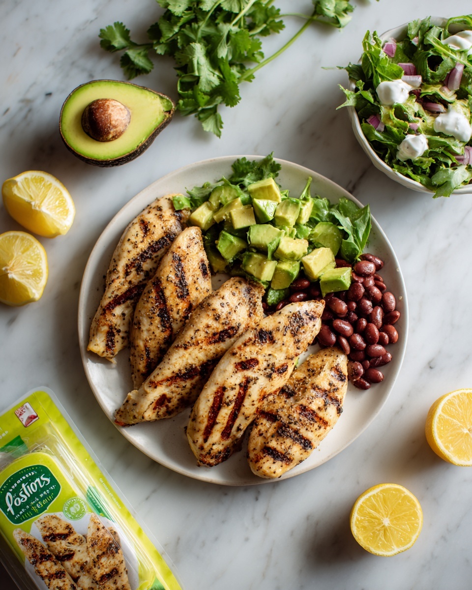 The image shows five grilled chicken tenders with a golden-brown color and some black pepper seasoning arranged on a white plate, placed on a white marbled surface. Above the plate is a bowl of mixed salad with layers including green leafy cilantro on top, light green avocado chunks on the left side, white sour cream or yogurt in the middle, red pinto beans on the bottom right, and pieces of grilled chicken tender on the top right. To the left side of the frame, there is a halved avocado with a green-yellow inside, three lemon wedges with yellow-green skin, and a pack of Foster Farms Free Range chicken tenders with a bright green label. A fresh sprig of cilantro is placed above the bowl. Photo taken with an iphone --ar 4:5 --v 7