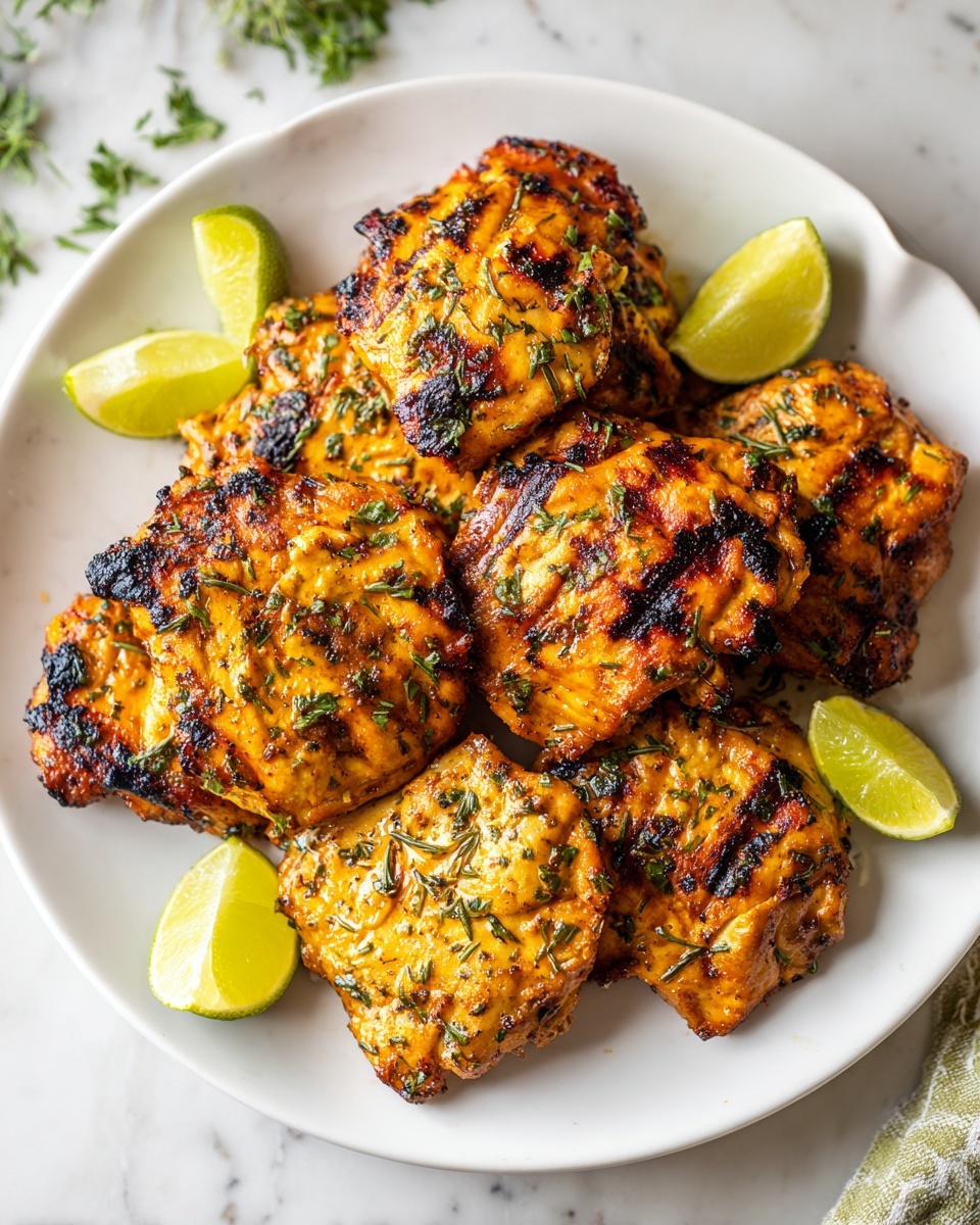 A white plate filled with eight grilled chicken pieces, showing a mix of golden orange and dark brown char marks on their surfaces. The chicken has a textured, slightly shiny look, with small green herb pieces sprinkled over the top. Around the chicken, there are four bright green lime wedges placed at the edge of the plate. The plate is set on a white marbled surface, with some scattered green herbs visible nearby. Photo taken with an iphone --ar 4:5 --v 7