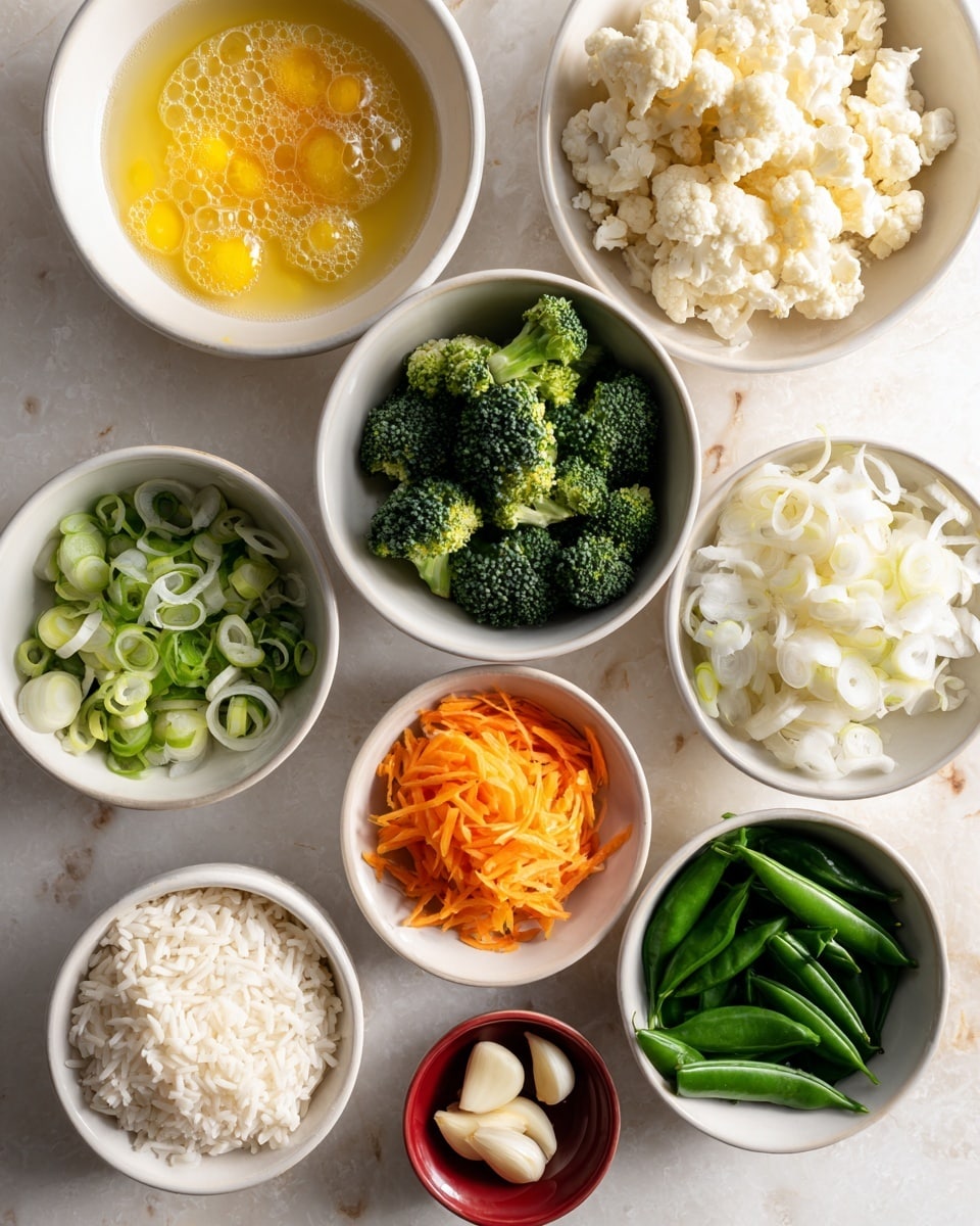 The image shows an overhead view of nine white bowls arranged on a white marbled surface. Starting from the top left, there is a small white bowl with a yellow beaten egg mixture that has some bubbles. Next to it, on the right, is a larger white bowl filled with finely chopped cauliflower that looks white and crumbly. Below the cauliflower, a white bowl holds green broccoli florets, fresh and detailed. Below the broccoli, a white bowl contains white rice with visible grains. To the left of the rice, another white bowl has thinly sliced green onions. Above this, there is a bowl with shredded orange carrots. Above the carrots, a small white bowl holds chopped white onions with a crisp texture. To the left of the onions is a white bowl filled with snap peas that have a fresh green color. Below the snap peas, a small bowl contains fresh dark green spinach leaves. In the midst of these bowls is a small red bowl holding three peeled garlic cloves. photo taken with an iphone --ar 4:5 --v 7