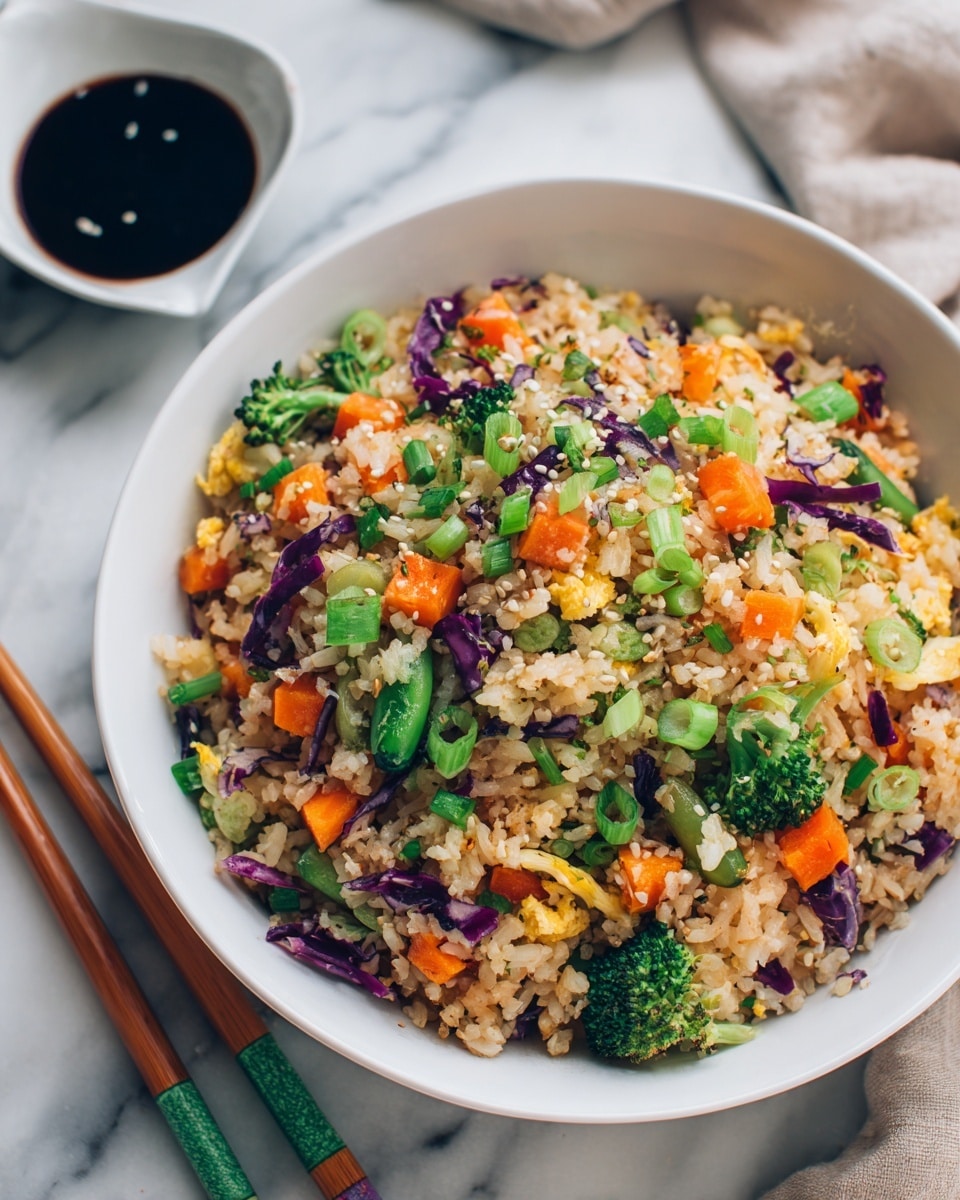 A white bowl filled with fried rice showing different layers of lightly browned rice mixed with bright orange carrot cubes, green broccoli florets, snap peas, sliced green onions, and pieces of purple cabbage, all giving a colorful and fresh look. Two wooden chopsticks with green bases rest on the bowl's edge. In the background, a small white dish with dark soy sauce sits on a white marbled surface. Photo taken with an iphone --ar 4:5 --v 7