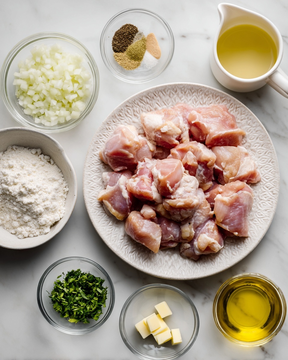 The image shows raw chicken pieces arranged on a white plate with a textured rim, placed on a white marbled surface. Around the plate, there are small clear glass bowls and a measuring cup, each holding different ingredients: chopped white onions, minced garlic, flour, butter cubes, chopped green herbs, black pepper, a small pile of brown spice, lime zest, salt, and a small bowl with a light yellow liquid. The measuring cup contains a pale yellow liquid. Everything is neatly organized, bright, and clean with soft natural light highlighting the freshness of the ingredients. photo taken with an iphone --ar 4:5 --v 7