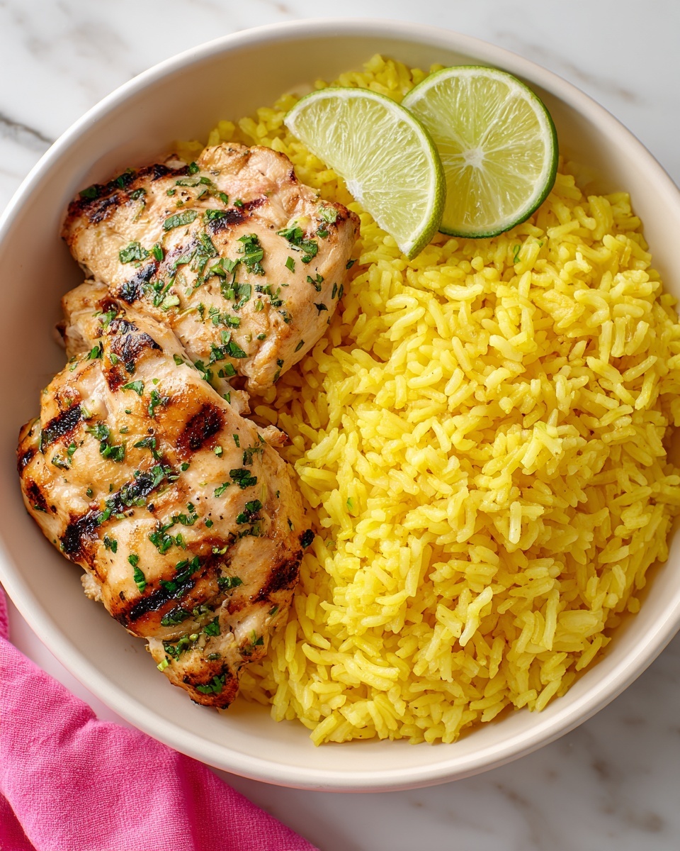 A round white bowl holds two main parts: on the right side, a large mound of bright yellow rice with long grains that look soft and fluffy; on the left side, two pieces of grilled chicken with a light brown color, black grill marks, and green herbs sprinkled on top; two lime slices with green edges and pale yellow insides rest near the chicken. The bowl is placed on a white marbled surface with a pink cloth partially visible at the bottom. Photo taken with an iphone --ar 4:5 --v 7