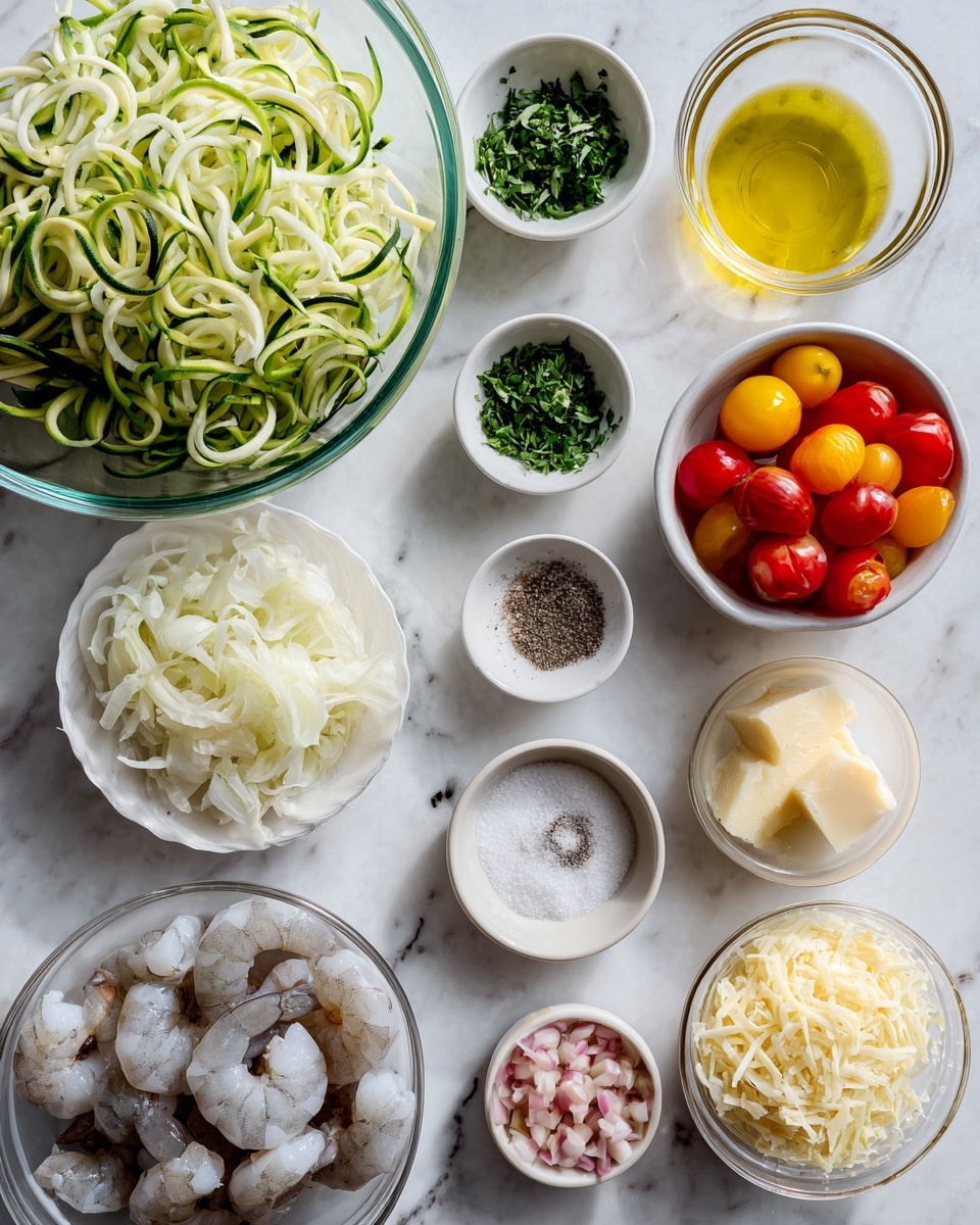 The image shows eleven small white bowls arranged neatly on a white marbled surface, each holding different cooking ingredients. On the left, a large clear bowl is filled with green and white spiralized zucchini noodles. Above it, a small bowl holds chopped green herbs, while to the right, a clear bowl contains golden olive oil. Next, a bowl with red, yellow, and brown cherry tomato halves sits on the far right. Below the herbs and oil, two small white bowls contain coarse salt and black pepper. To the right, a clear bowl is filled with shredded pale yellow cheese. At the bottom, a white bowl holds raw gray shrimp with tails, beside a smaller bowl of finely chopped pale pink shallots. To the right of the shrimp, a few cloves of minced garlic are placed in a small clear bowl, next to a clear bowl with two golden yellow chunks of butter and another small clear bowl with a light liquid. The scene is softly lit, showing fresh, raw ingredients ready for cooking. photo taken with an iphone --ar 4:5 --v 7