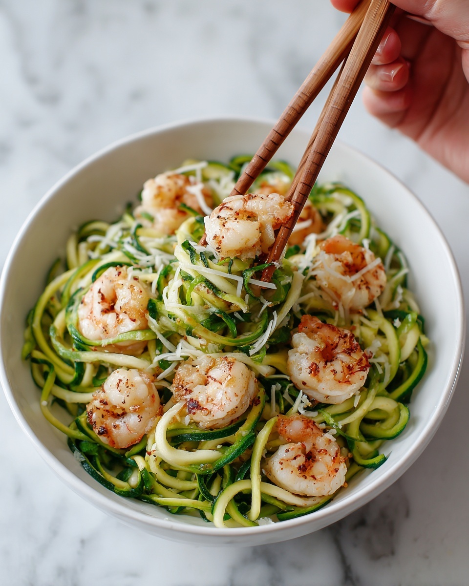 The image shows a close-up of a white bowl filled with zucchini noodles, bright green and thinly spiralized, forming a soft nest at the bottom. On top, there are many cooked shrimp pieces, light pink in color with some brown grill marks, scattered evenly across the noodles. Thin strands of white cheese are sprinkled lightly over the shrimp and noodles. A woman's hand is holding wooden chopsticks, picking up a cluster of noodles and shrimp from the bowl. The bowl is placed on a white marbled surface. Photo taken with an iphone --ar 4:5 --v 7