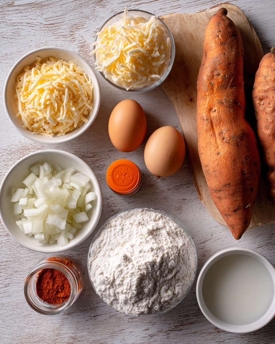 The image shows ingredients for cooking arranged on a wooden table with a white marbled texture background. There are two medium orange-brown sweet potatoes placed diagonally near the top right center. Below them, two brown eggs sit side by side. To the left of the eggs, a small white bowl holds shredded pale yellow cheese, and next to it, there is a small orange-capped glass jar of smoked sweet paprika. Below the paprika is a small white bowl filled with chopped white onions. To the right of the onions is a larger white bowl filled with white flour. Near the top right of the eggs is a small white bowl containing a clear liquid, likely water or milk. Photo taken with an iphone --ar 4:5 --v 7