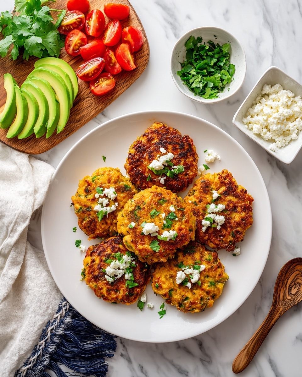 A large white plate holds six golden-brown, round fritters arranged in a circle and topped with small bits of white cheese and bright green chopped herbs. To the left, a wooden board on the white marbled surface has sliced green avocado and red cherry tomatoes arranged neatly, with a sprig of cilantro nearby. On the right side, there is a small white bowl filled with green chopped herbs and a square white bowl with crumbly white cheese and a small wooden spoon. A white cloth with a dark blue fringe is beneath the plate, all set on the white marbled table. Photo taken with an iphone --ar 4:5 --v 7