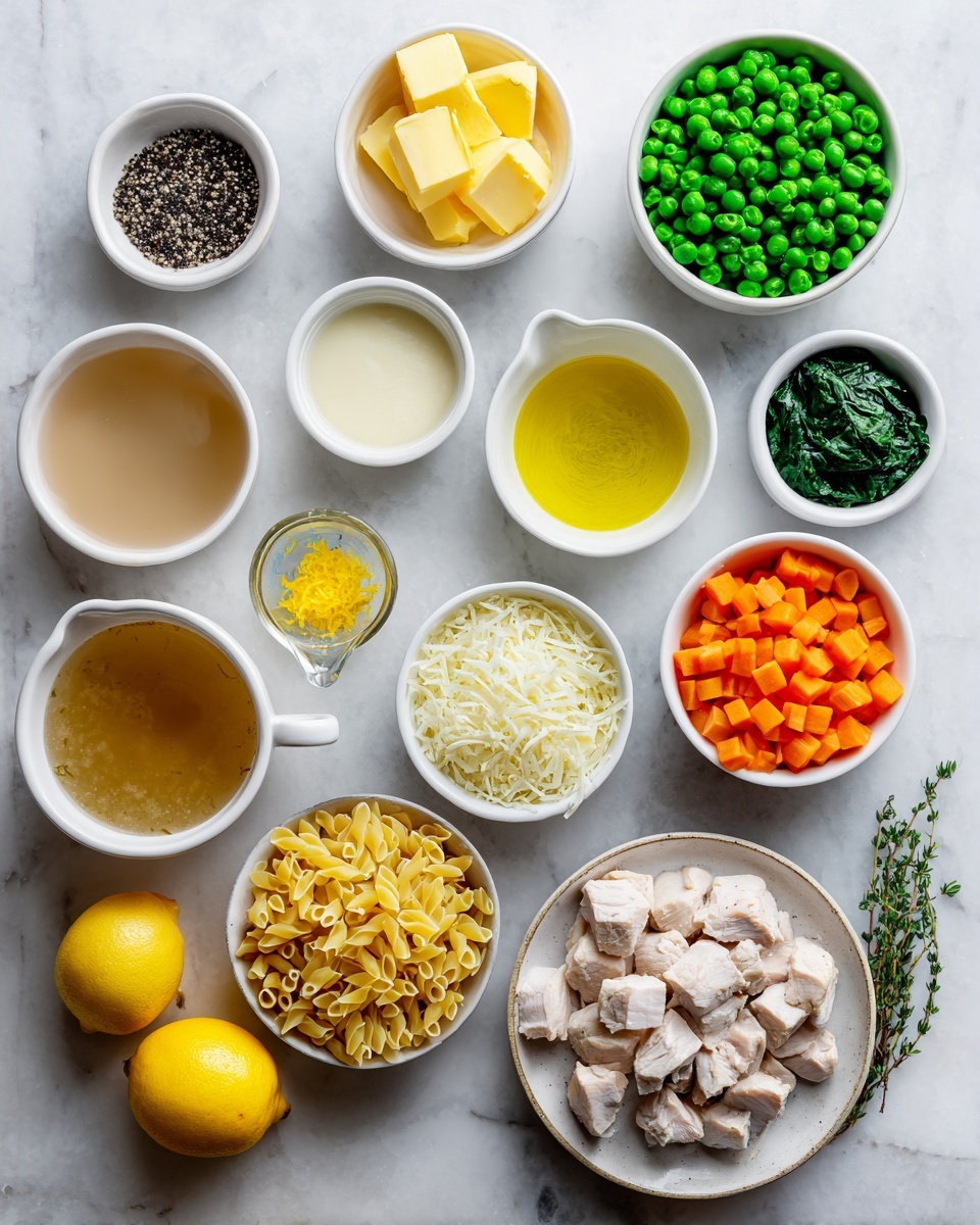 A top-down view of various cooking ingredients arranged neatly on a white marbled surface. There are fourteen white bowls and a glass measuring cup. Starting from the top left, a small white bowl holds black pepper, next to it a bowl with a chunk of yellow butter, then a bowl with bright green frozen peas, and beside it a bowl with frozen dark green spinach. Below, a bowl of creamy white liquid is next to a bowl of golden yellow olive oil, and beside that is a bowl full of finely shredded light beige cheese. Below these, a bowl packed with finely chopped white onions sits next to the glass measuring cup filled with light brown broth. At the bottom left, a small bowl contains yellow lemon zest, next to it two whole bright yellow lemons rest on the surface. Moving rightwards, a bowl of diced bright orange carrots is near a bowl filled with chopped light green celery, followed by a bowl of yellow orzo pasta. Finally, to the bottom right, there is a white plate covered with small cubes of cooked pale beige chicken, with sprigs of fresh green thyme placed to the right of the broth cup. The setup is clean with simple, fresh colors, photo taken with an iphone --ar 4:5 --v 7