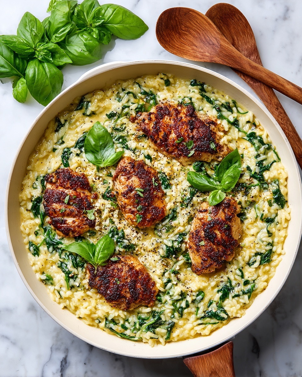 A white pan filled with creamy yellow rice mixed with green spinach leaves, topped with four browned, crispy pieces of seasoned chicken arranged evenly. The rice looks thick and rich, with some black pepper sprinkled on top. Next to the pan, there are two wooden spoons and fresh green basil leaves on a white marbled surface. The whole scene is brightly lit, showing the texture of the food clearly. Photo taken with an iphone --ar 4:5 --v 7