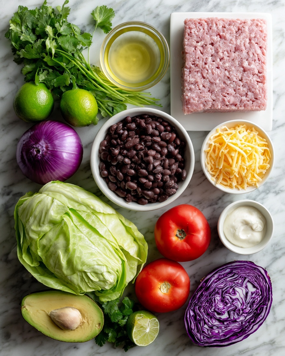 The image shows a flat lay of fresh ingredients arranged neatly on a white marbled surface. There is a rectangular block of light pink ground meat placed on the top right, next to a small clear bowl of pale yellow oil. To the left of the meat is a bright green lime, dark purple small onion, and sprigs of fresh green cilantro. Below the lime and onion sits a round white bowl filled with chopped dark brown beans. A large light green lettuce head is centered in the image, surrounded by half a dark green avocado with its light green flesh exposed, two whole red tomatoes, and half a purple cabbage showing its layered pale purple interior. A small white bowl contains shredded yellow cheese, and another white bowl holds a creamy white sauce or sour cream. The colors are vibrant, and the textures vary from smooth to leafy and crisp. photo taken with an iphone --ar 4:5 --v 7