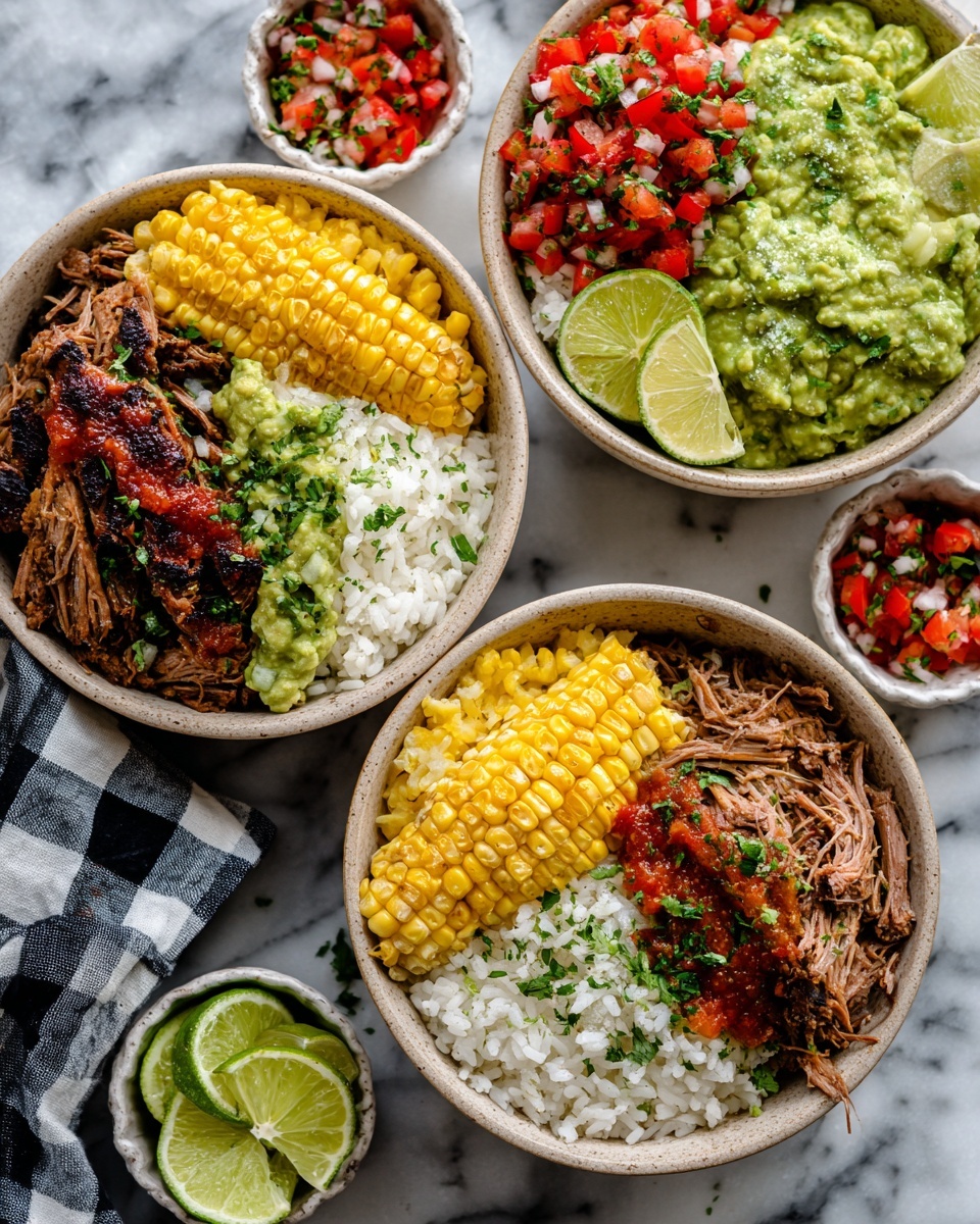 Three bowls each hold a layered dish with shredded brown meat on one side, white rice on the other, bright yellow grilled corn next to the meat, and chunky green guacamole topped with some red sauce on the rice side. Fresh red and white pico de gallo with herbs sits next to the meat and corn in each bowl. Lime wedges rest on top near the meat. The bowls are light beige and placed on a white marbled surface, some beside small white bowls with lime wedges and pico de gallo, with a black and white checkered cloth nearby. Photo taken with an iphone --ar 4:5 --v 7