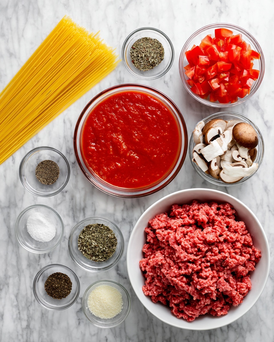 A flat lay of ingredients for a pasta dish on a white marbled surface includes uncooked yellow spaghetti on the left side, a large white bowl filled with raw ground meat on the bottom right, and a large white bowl with bright red diced tomatoes on the top right. Near the center is a glass bowl with rich red tomato sauce, a small glass bowl with sliced mushrooms, and a medium glass bowl with pale oats. There are also five small glass bowls with black pepper, garlic powder, coarse salt, mixed dried herbs, and fine salt arranged around the center. The image shows all ingredients clearly separated and neatly arranged. Photo taken with an iphone --ar 4:5 --v 7